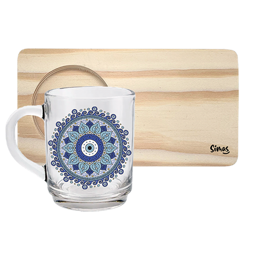 Caneca de Vidro com Suporte de Madeira - Mandala