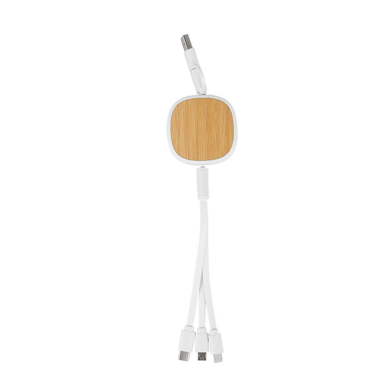 Cabo Carregador USB com 3 Entradas Base de Bambu Branco