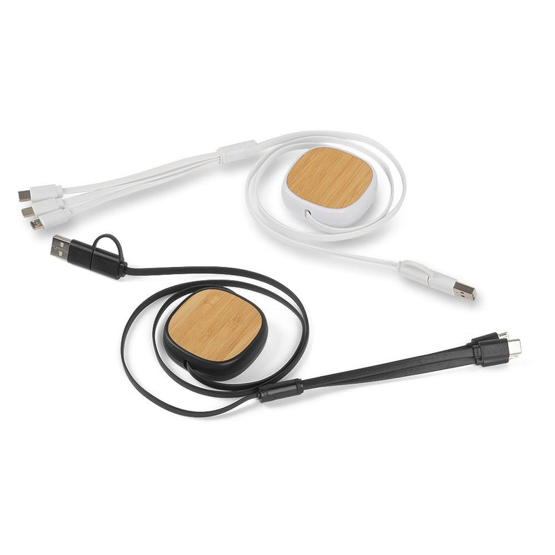 Cabo Carregador USB com 3 Entradas Base de Bambu Branco